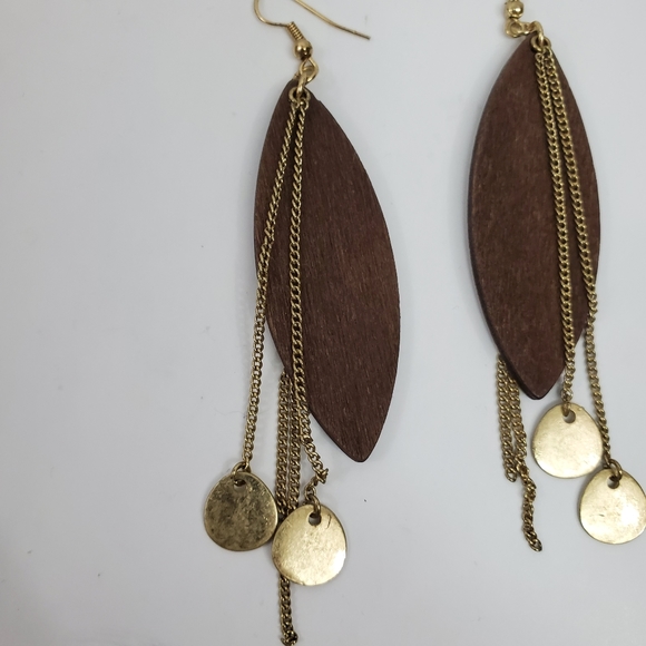 Wood & Gold Tone Dangle Earrings - Picture 2 of 5